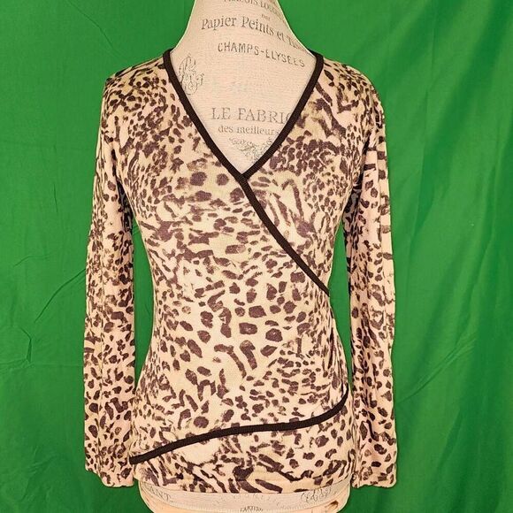 St John Collection Womens Wool Blend Leopard Faux Wrap Sweater Small - Picture 1 of 5